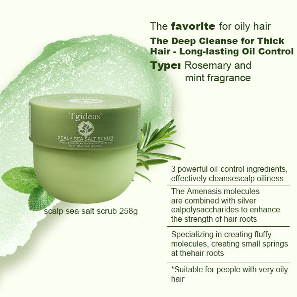 Tgideas Sea Salt Scalp Scrub, Oriental arborvitae leaf Scalp Exfoliating Scrub, contains menthol, coconut oil, keratin lightly refreshes hair roots, lasting fluffy, contains silicone massager