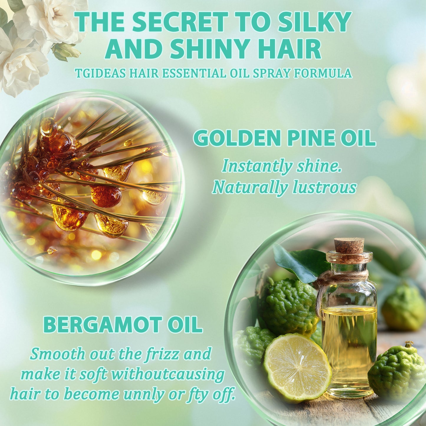 Tgideas Hair Oil Spray - 72-Hour Smooth Moisturizing and Fragrance, Hair Heat Protectant, Suitable for Dry, Curly, Tangled Hair, Lightly Repairs Smooth Hair, Natural Essential Oils, 3.38 fl oz