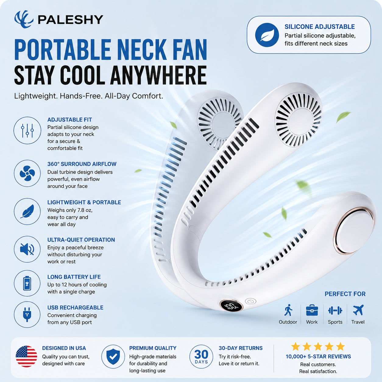 Neck Fan, Rechargeable Personal Portable, Hands Free wearable BatteryOperated 5 Speeds