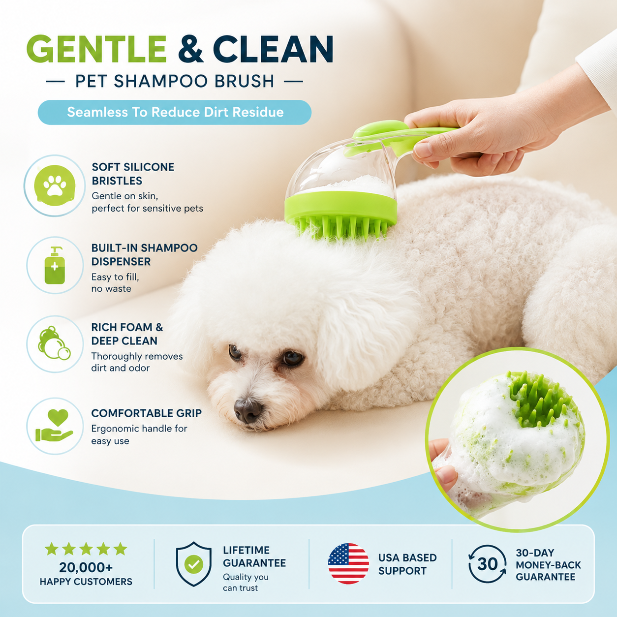 Pet Bath Brush with Shampoo Dispenser for Dogs & Cats