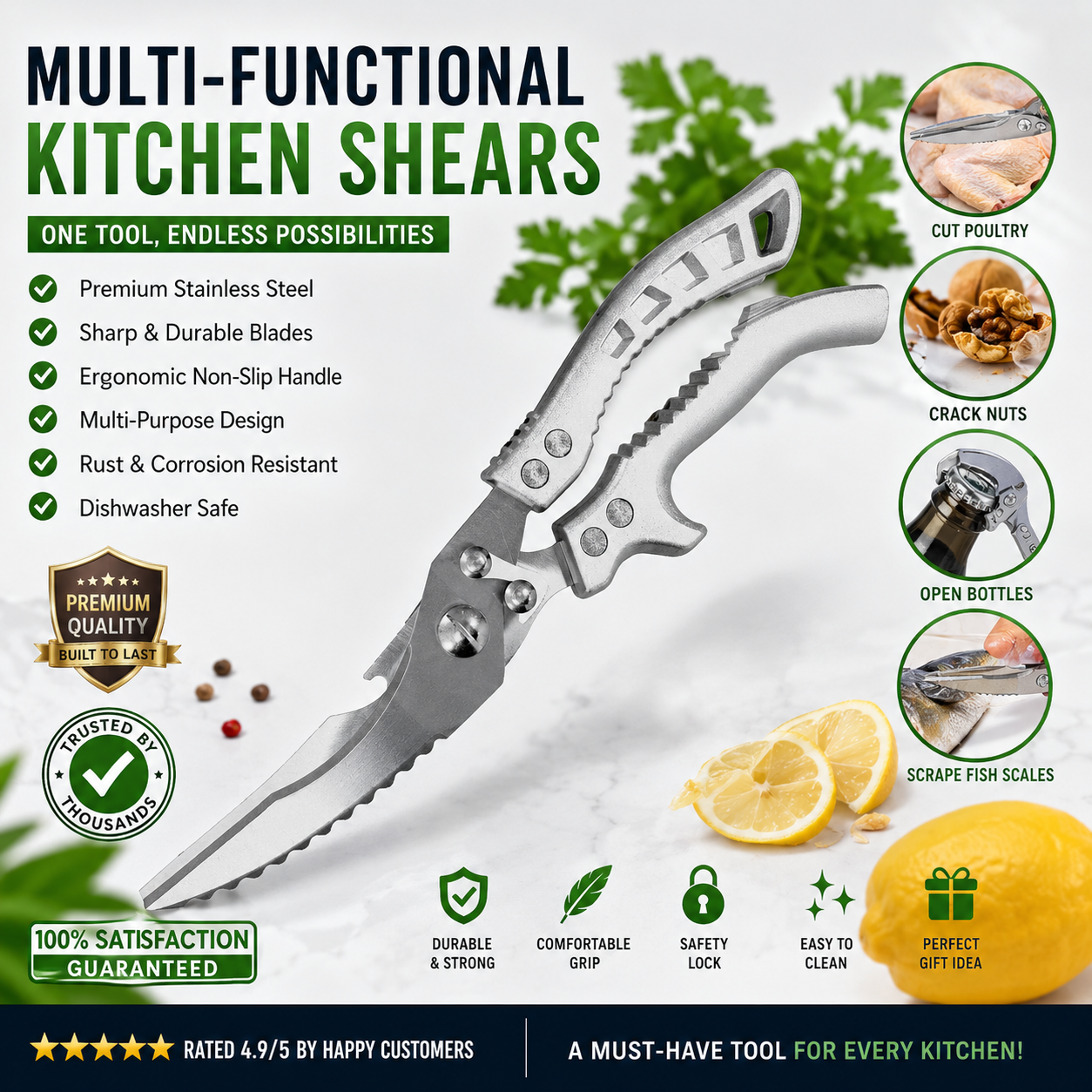 Professional Heavy-Duty Kitchen Shears with Slip Handle & Safety Lock
