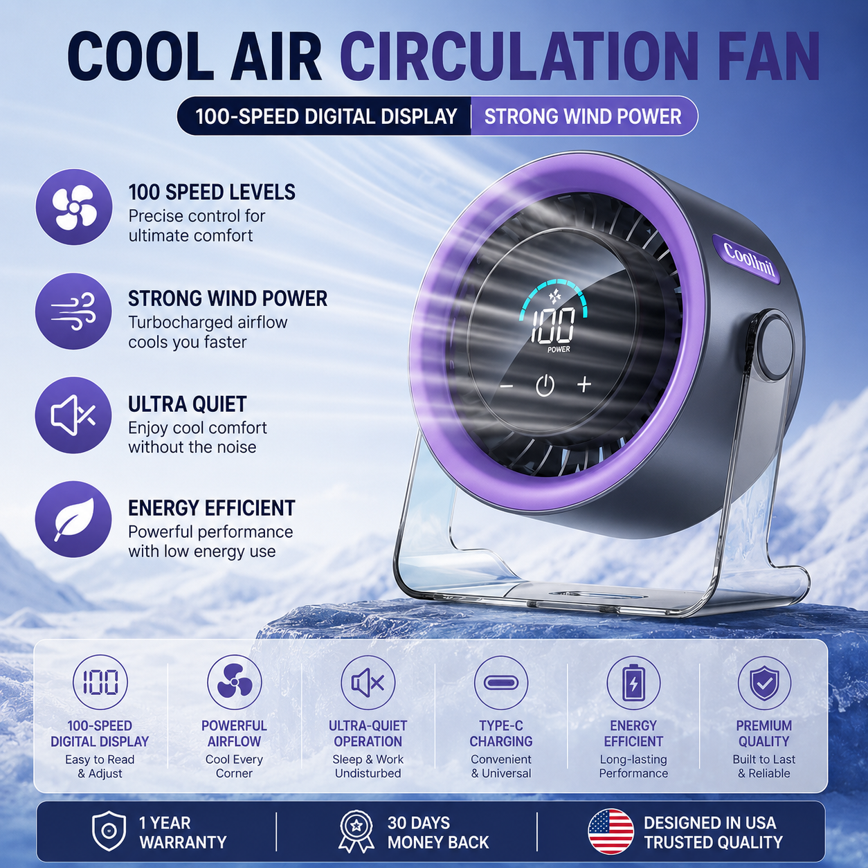 Coolhill Desktop Fan Turbo Table Fan Travel Vacation Essentials for Office 100-Speed