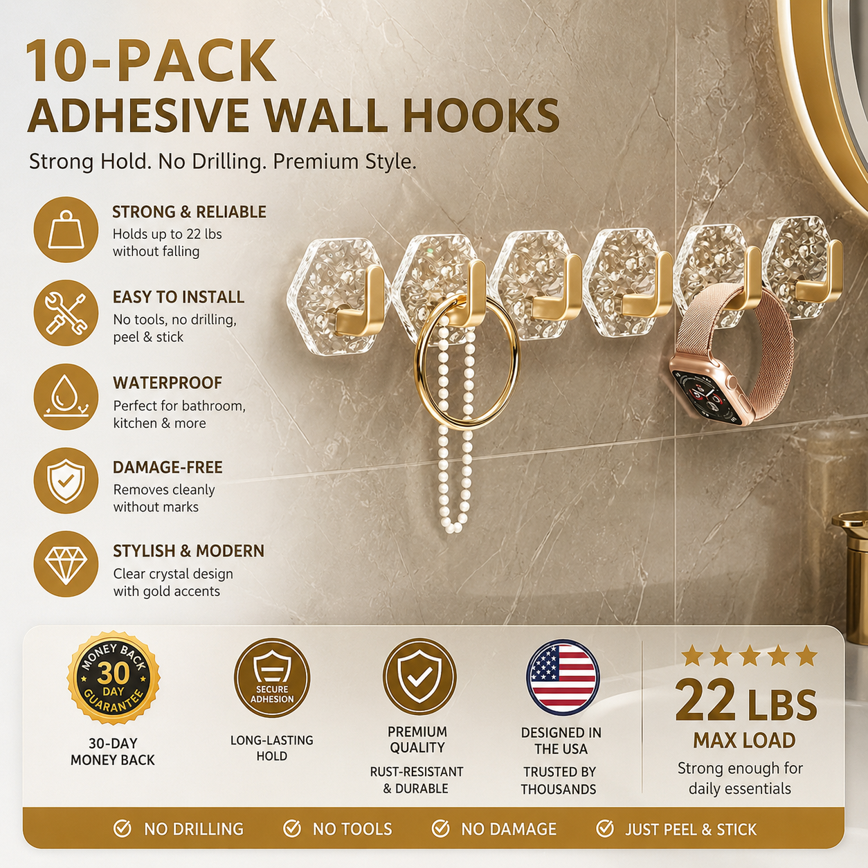 Self-Adhesive Hooks 10/20 Pack Hexagonal Ripple Design Heavy Duty Sticky Hooks