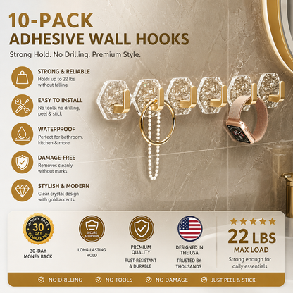Self-Adhesive Hooks 10/20 Pack Hexagonal Ripple Design Heavy Duty Sticky Hooks