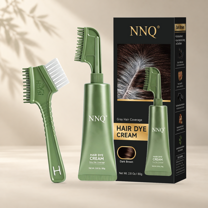 NNQ Dark Brown 80 g hair dye cream, comb applicator and retail box; original product photograph on warm ivory background.
