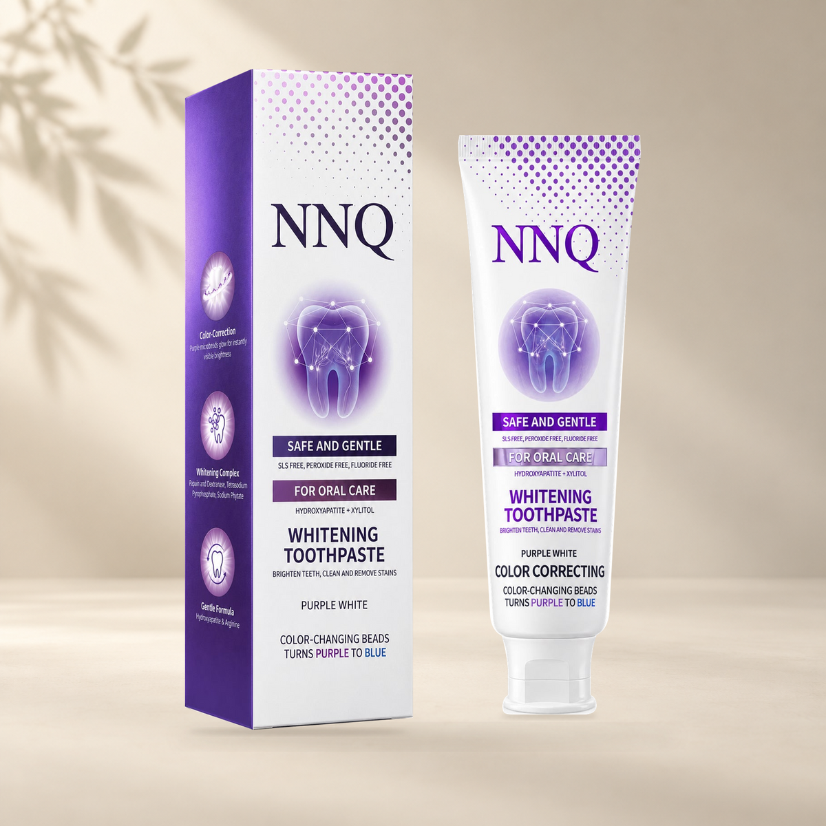 NNQ Purple Toothpaste tube and original outer box in a warm ivory setting
